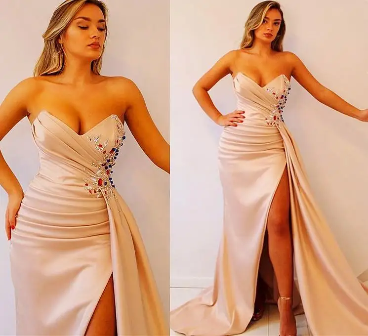 

Plus Size Arabic Aso Ebi Champagne Beaded Crystals Prom Dresses Sweetheart High Side Split Evening Formal Dress Party Wear Secon