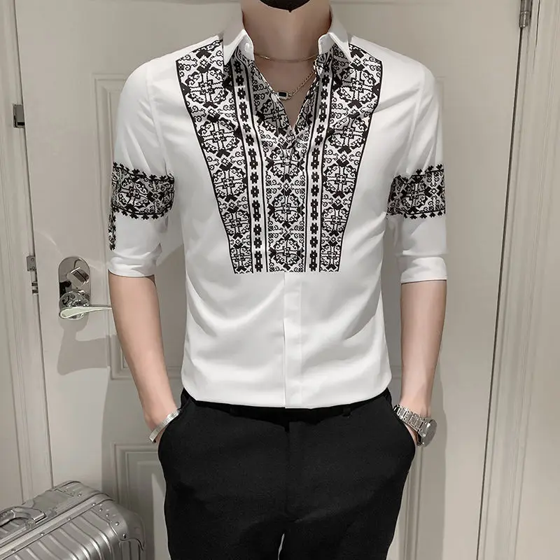 Fashion Lapel Spliced Half Sleeve Printed Shirts Men\'s Clothing 2023 Summer New Oversized Casual Tops Loose Korean Shirt