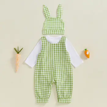 תינוק ילד ראשון פסחא תלבושת ארנב רקמה חוות Romper משובץ סרבל אוזני כובע יילוד תינוק בגדי פסחא 6 best sales תלבושת פסח לתינוק - №3