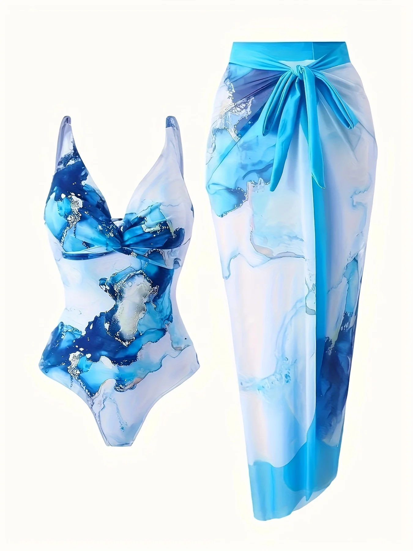 2026 新しい女性のセクシーなファッション青と白のインク柄リボンワンピース水着 + カバーアップスカート 2 点セット