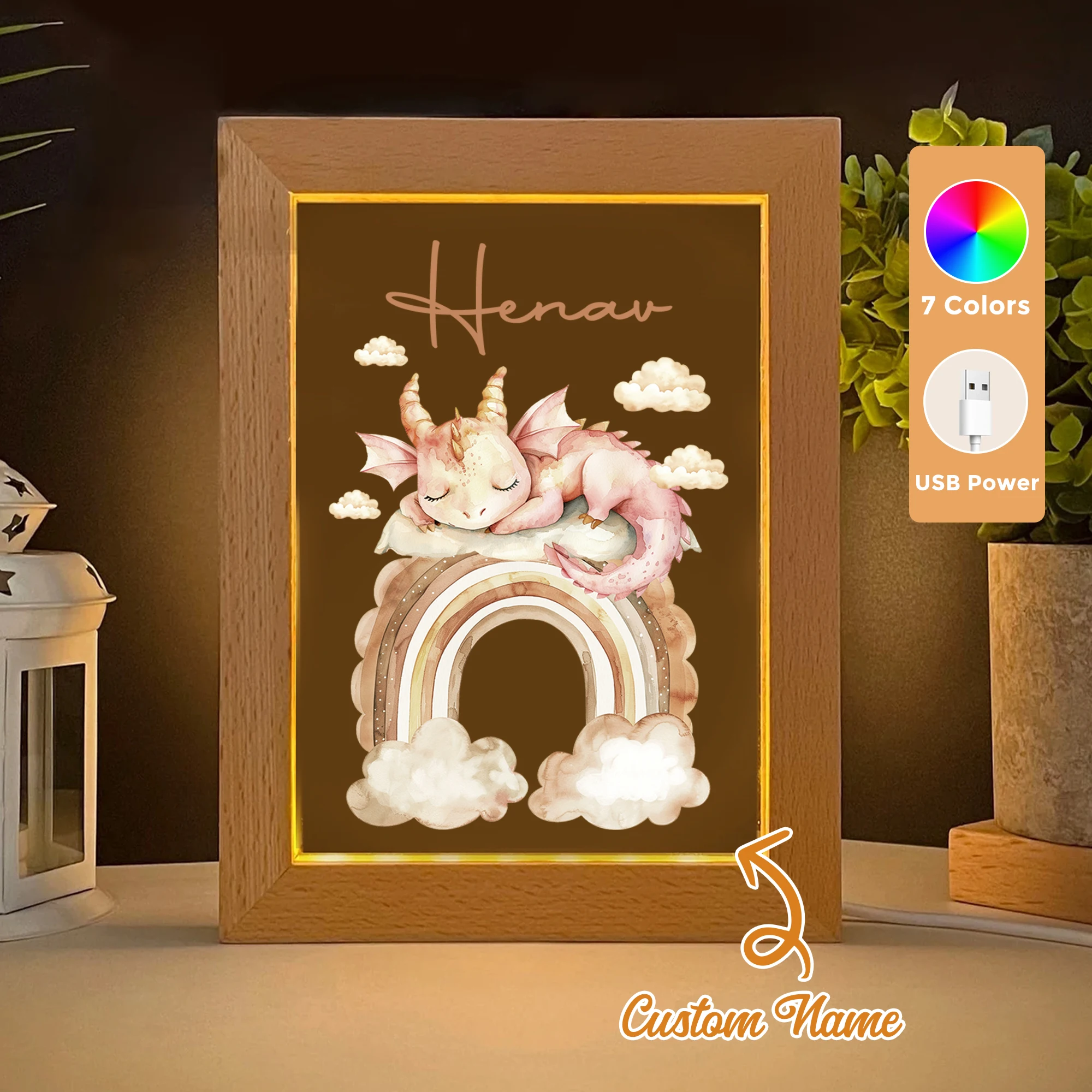 

2D Flat Custom Name Cartoon Dinosaur Cloud LED Acrylic Night Light Wood Photo Frame 21x17cm Child Bedroom Gifts Home Decor