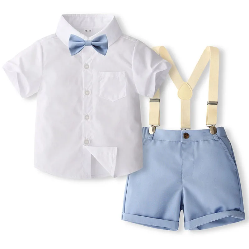 

3Piece Sets Summer Boys Kids Clothes Korean Fashion Gentleman Tie Short Sleeve Tops+Shorts+Straps Baby Boutique Clothing B004