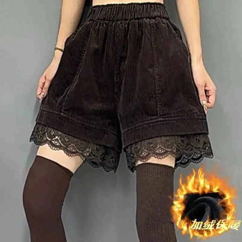 

Эластичная талия, кружевные лоскутные вельветовые бархатные повседневные шорты, осень-зима, свободные винтажные широкие шорты, модная женская одежда
