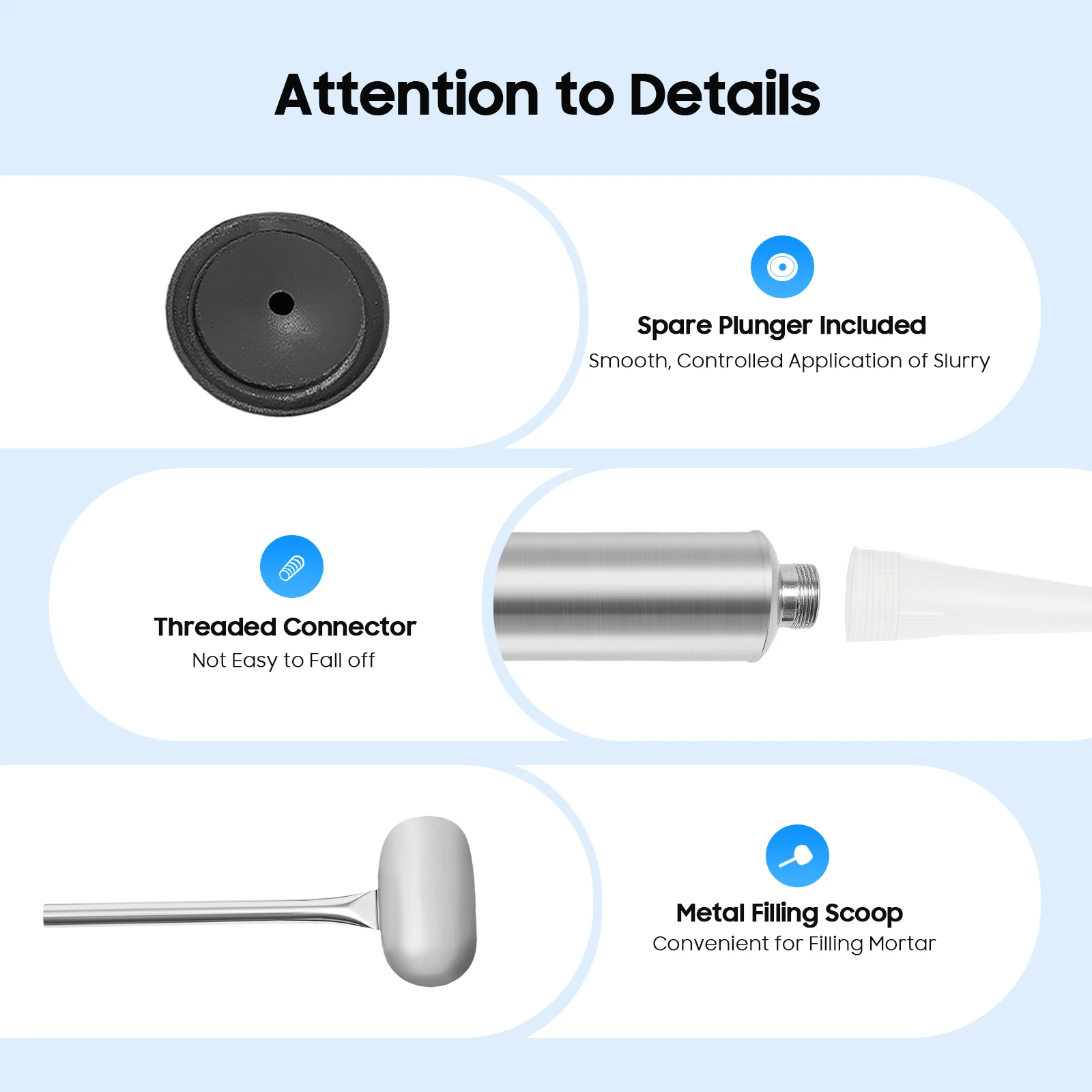 Pistola per stuccatura di cemento in acciaio inossidabile - Spazio 2-5 mm, 3 ugelli (angolo/dritto/succatura), impugnatura ergonomica per piastrelle/patio