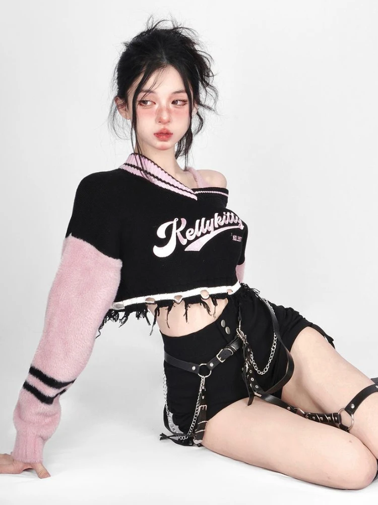 Deeptown Y2K Harajuku Pink Striped Cropped Sweater Women Fashion Embroidery Knitted Jumper Sexy V-neck Long Sleeve Pullover Tops