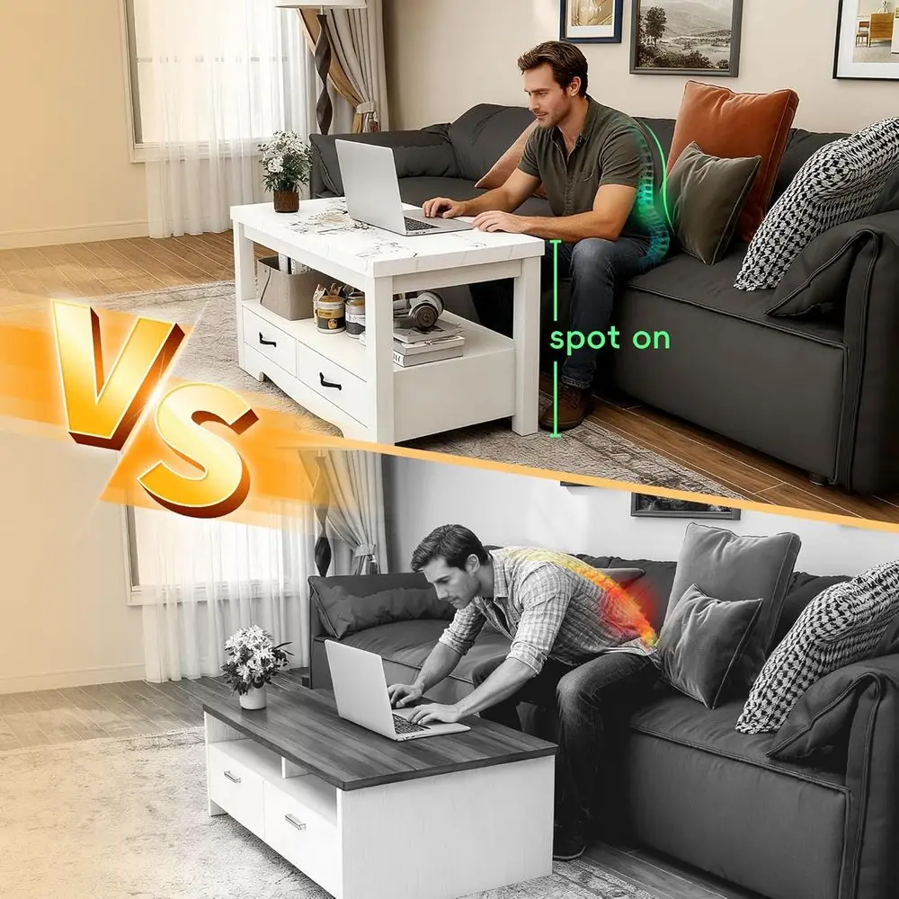 Table basse moderne en faux marbre à 2 niveaux avec tiroirs, design rectangulaire en bois pour salon et salle de conférence, finition chêne blanc,