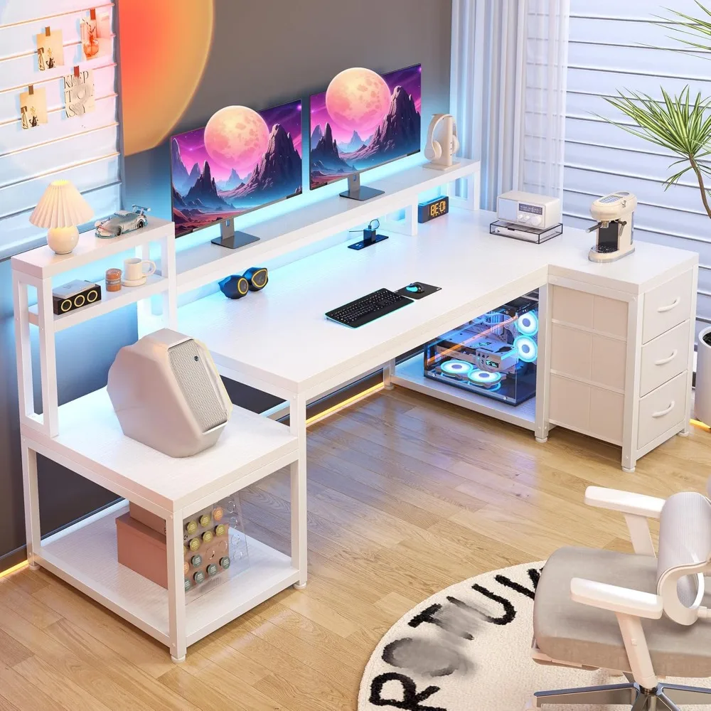

71" L Shaped Gaming Desk with LED Lights, White Computer Desk with Drawers and Printer Shelf, Power Outlet, Reversible Home Off
