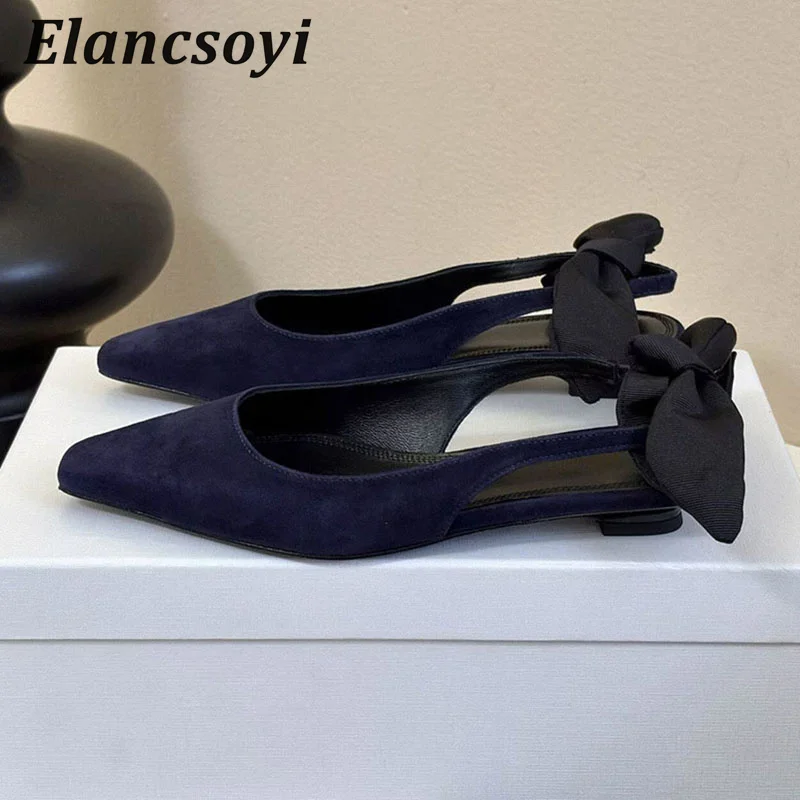Flache Sandalen für Damen aus Kuhwildleder mit Quadratischer Spitze, Rückenriemen und Schleifendekoration, Slingback-Sandalen, Sommerschuhe für Urlaub und Mode