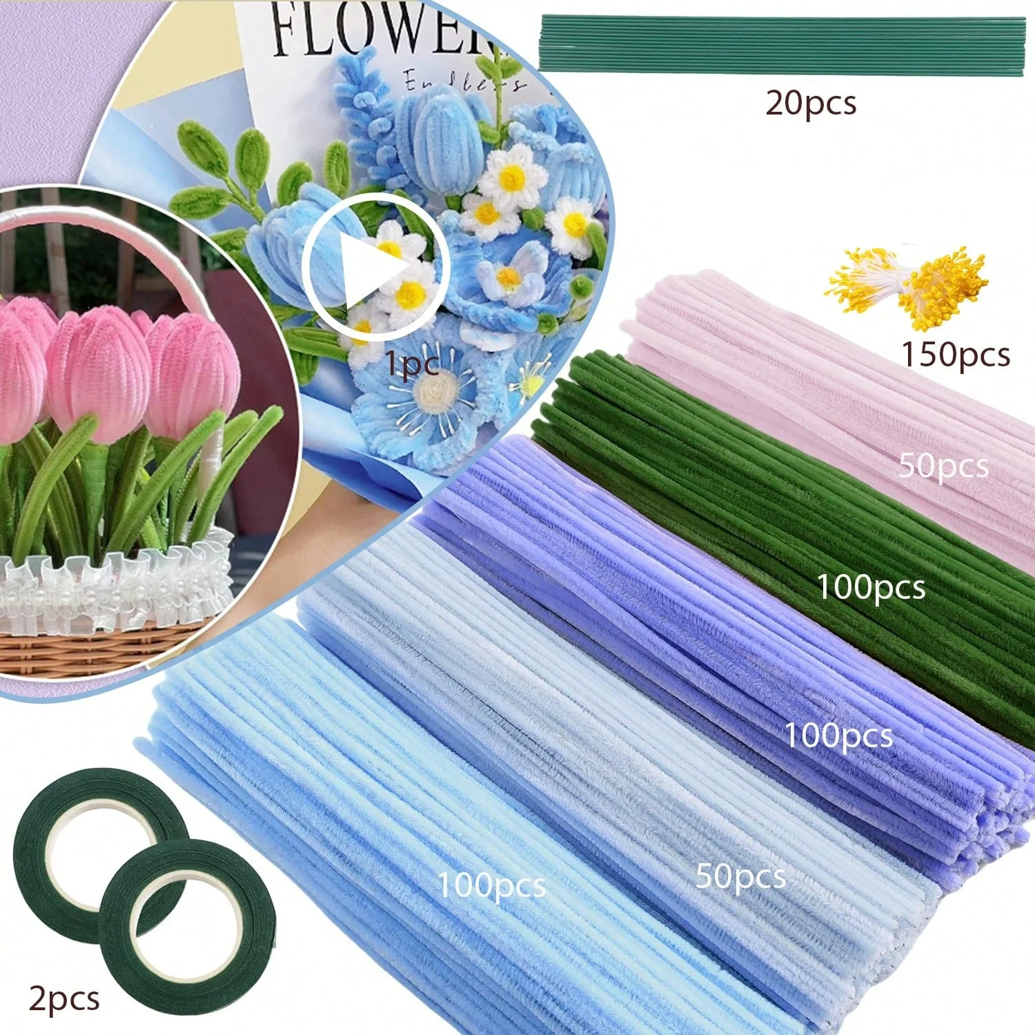 400/573pcs Pipe Cleaners Craft Set With Tutorial Video,DIY Handmade Flower Making Materials,Valentine Mother's Day Creative Gift view 3