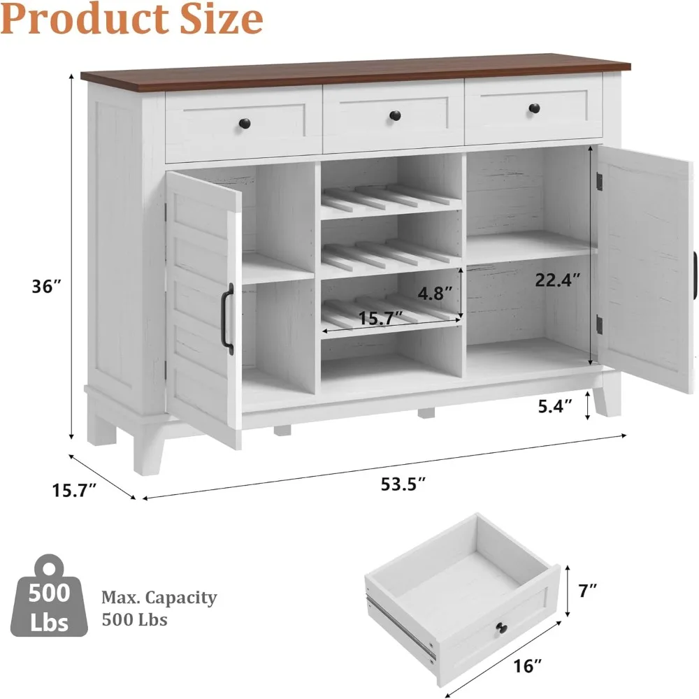 خزانة بوفيه على طراز المزرعة الريفية، عريضة 53.5 و36 مرتفعة، تتميز بـ 3 أدراج، ومساحة تخزين، ورف نبيذ قابل للعكس #2