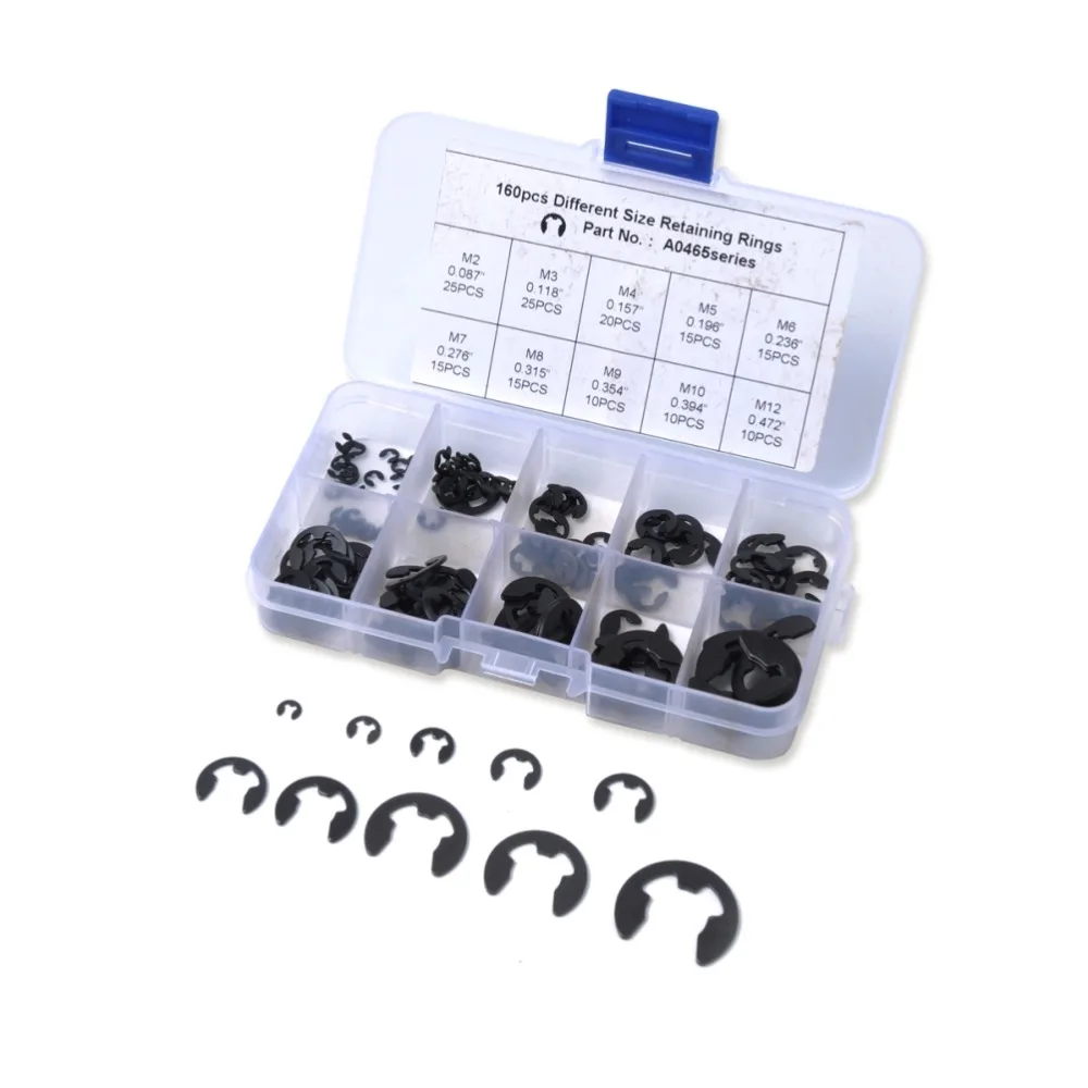 160pcs 2mm-12mm Range E-Clip Assortment Kit Metallic Finish Assortment Pack External Retaining Ring Circlip Snap Ring Set