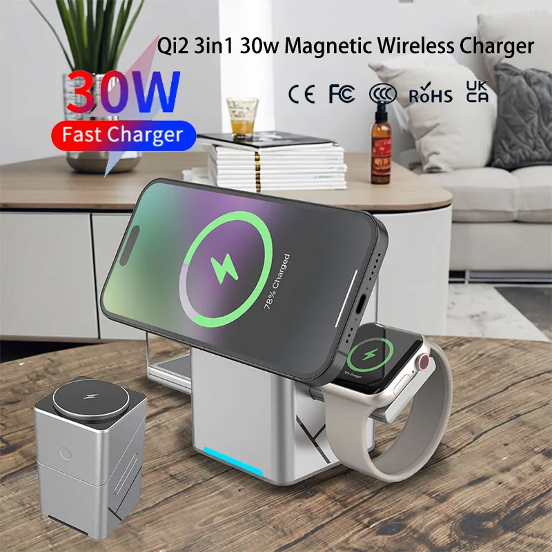 15W Touch Rotating Magnetic Multi-function 3 in 1 Wireless Charger for Iphone 16 15 14 13 Max Fast Charger Samsung Xiaomi