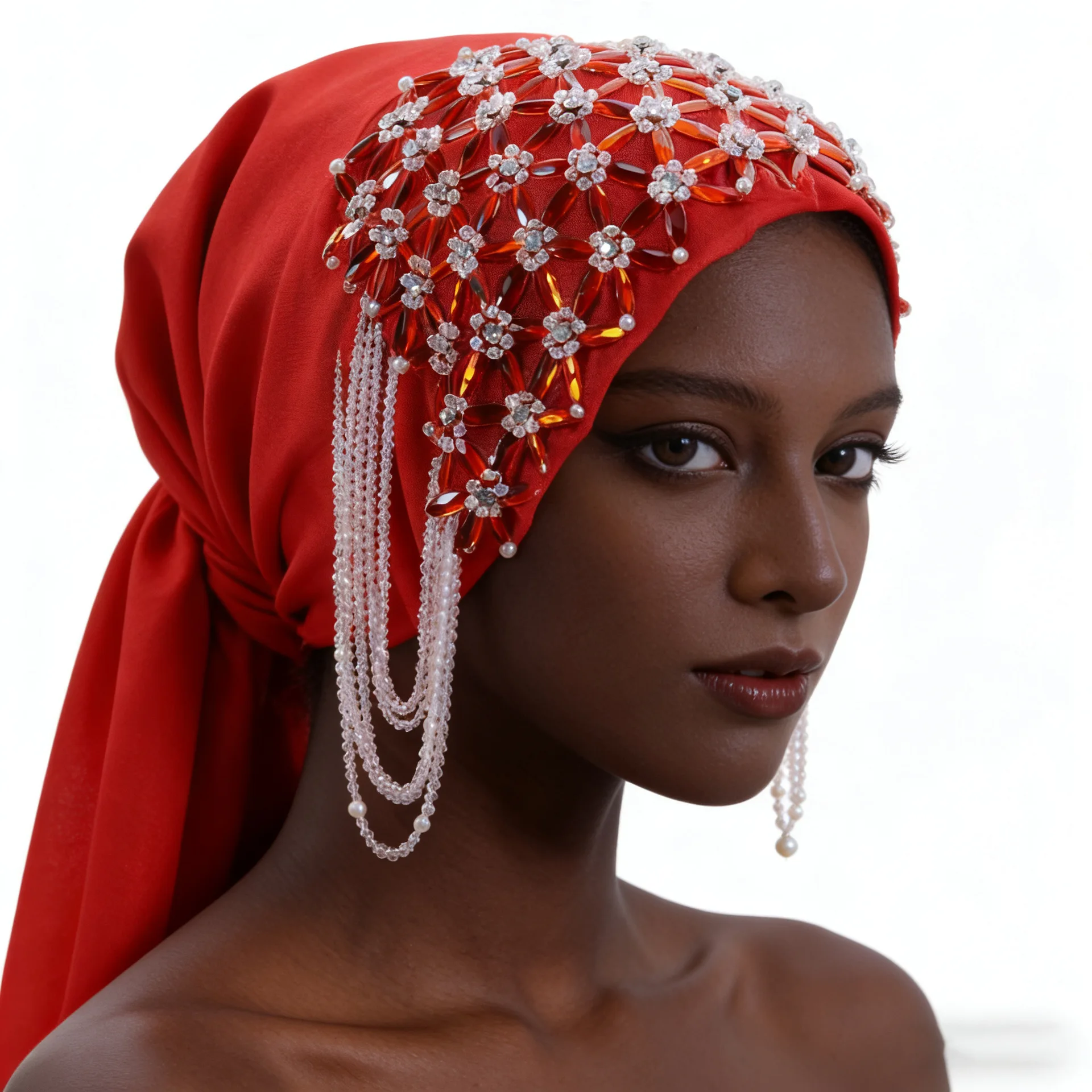 

Luxury Africa Women Headscarf Shawl Long Tail All Match Soft Scarf Head Cover Diamond Tassel Red Beading Muslim Hijab Hats