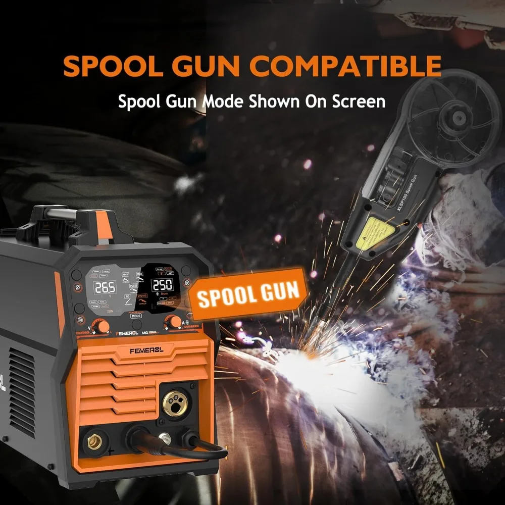 250A aluminium gepulseerde MIG-lasser, 7-in-1 gas MIG / pulse MIG / Flux Core / Stick / Lift TIG / puntlassen / spoelpistool compatibel aluminium