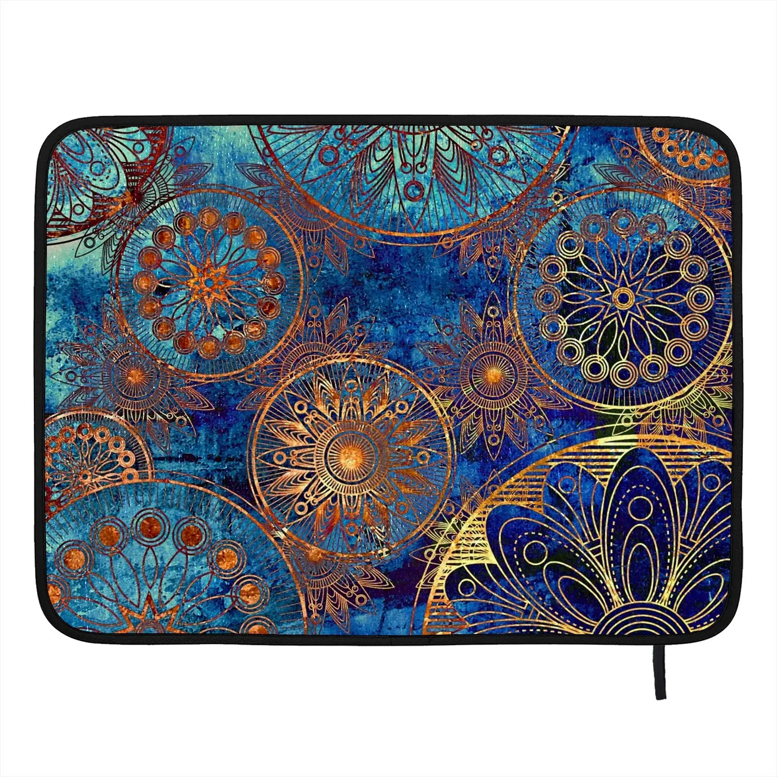 

Dish Drying Mat for Kitchen Counter, Golden Blue Mandala Bohemian Absorbent Microfiber Dish Draining Mat Extra Large