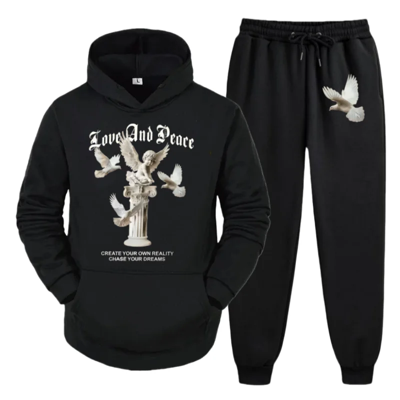 

Mens Casual Sportswear Set – Hoodie + Pants with Love And Peace Angel Dove Print, Two Piece Running Sweatshirt Sweatpants Suit