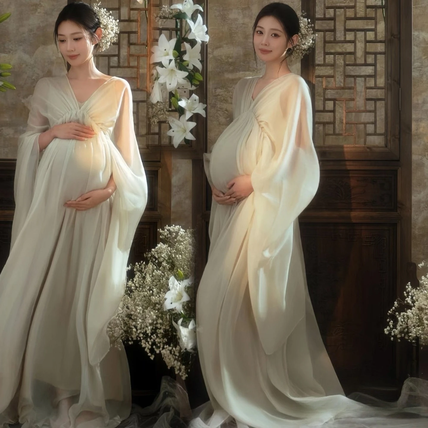 

Women Maternity Dress for Photography Retro White Elegant V-neck Long Dress Pregancy Clothes for Studio Photo Shooting Clothing