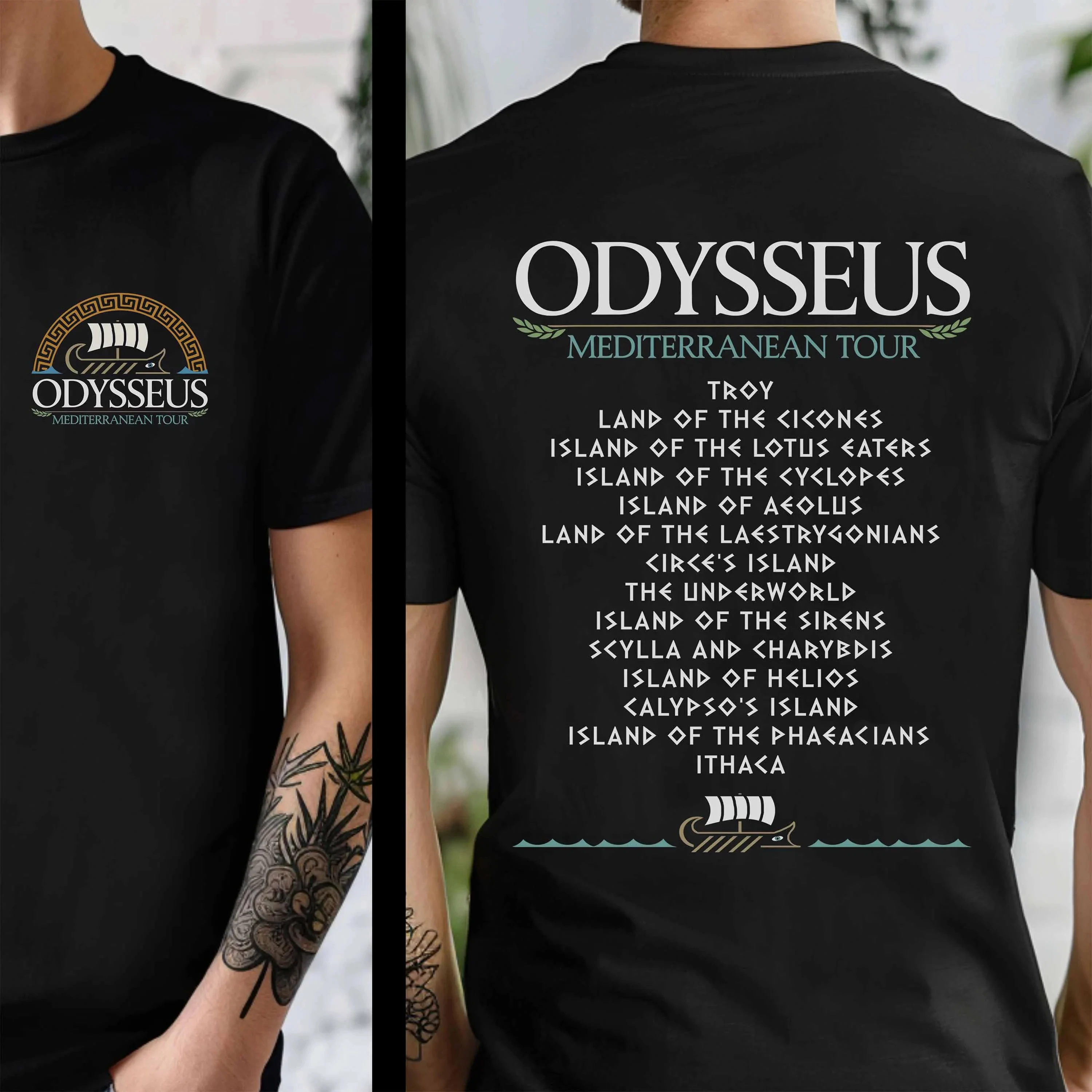 Odysseus Mediterranean Tour Funny Greek Mythology The Odyssey Double Sided Printed Cotton T-Shirt for Both Men and Women T Shirt