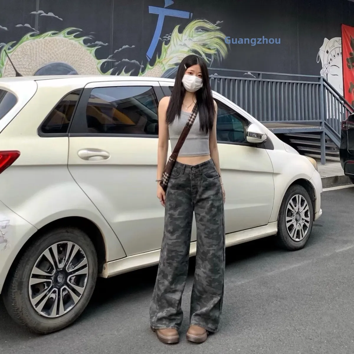 

Американские винтажные джинсы-клеш с камуфляжным принтом для женщин, весна-лето, свободные, прямые, в пол, повседневные, из хлопка