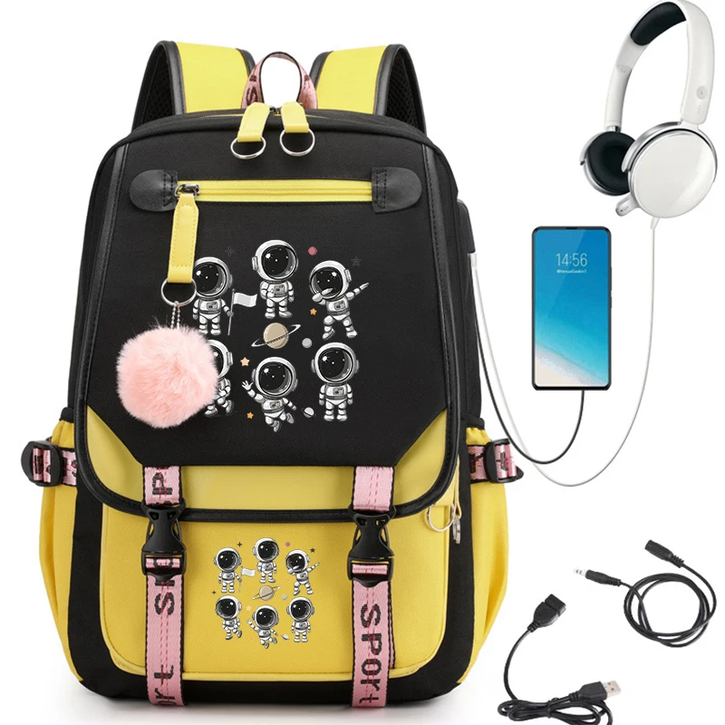 Astronaut Print School Bags para meninas e mulheres, USB Pink Backpack, Laptop Bag, Mochila, Estudante, Adolescentes