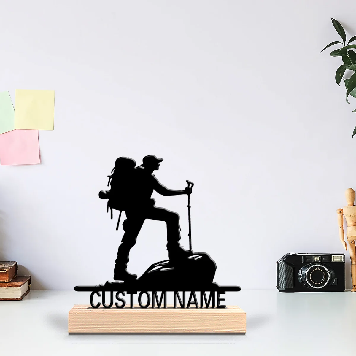 1pc Fun Personalized Custom Hiker Metal Statues Adventure Desk Sculpture with Wooden Base Perfect for Hikers Campers Nature Love
