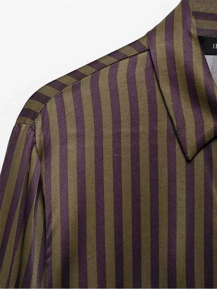 Estilo europeu nova moda feminina versátil simples textura de cetim manga comprida lapela camisa calças listradas terno