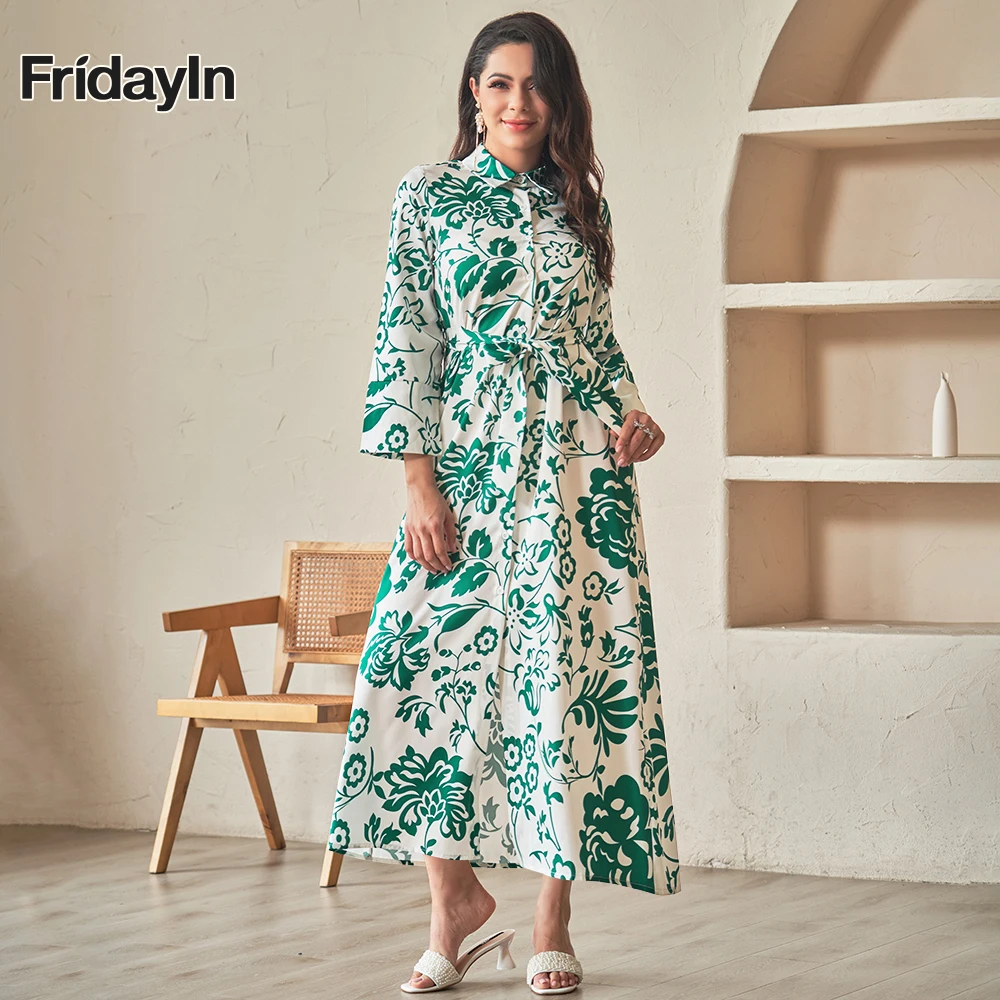 

Fridayin Muslim Abaya Kaftan All Season Dignified Long Dresses with Belt for Women Printing Lapel Shirt Sleeve Skirts for Ladies