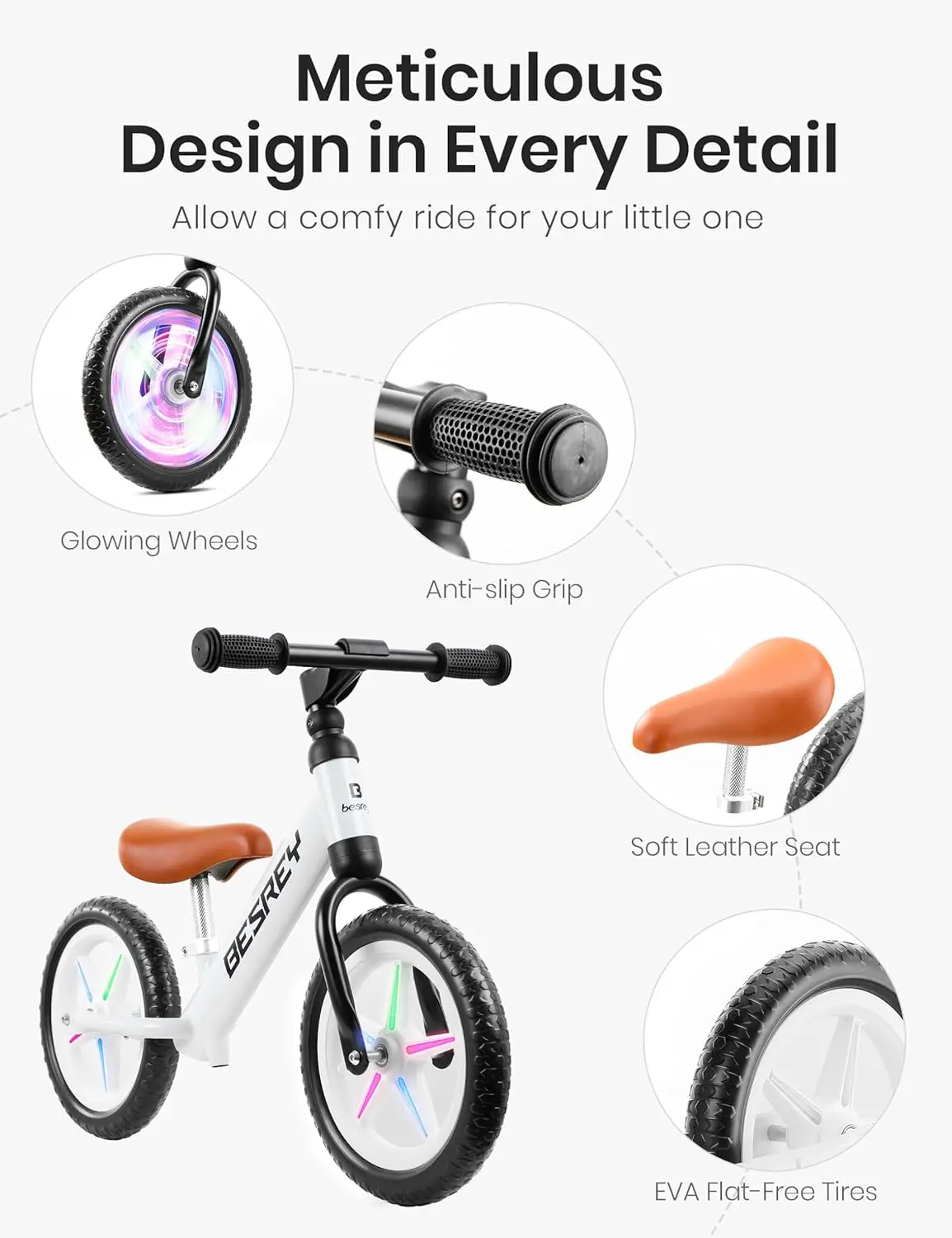 Bici da equilibrio con illuminazione colorata da 12 pollici per 2 anni, bici da equilibrio per bambini con robusta struttura in ferro, sedile regolabile con pneumatici piatti in EVA