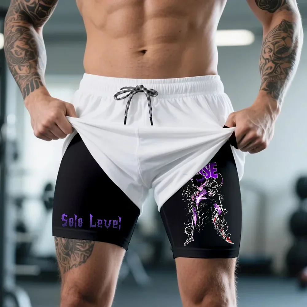 

Men's Shorts Anime Solo Leveling Print Summer Womens Sports Double-Layer 2-in-1 Fitness Pants Quick-Drying Breathable Gym Shorts
