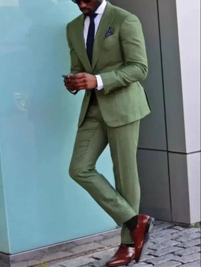 Custom Casual Green Suits For Men Slim Fit 2 Piece Formal Smart Business Classic Elegant Blazer Sets High Quality Jacket Pants