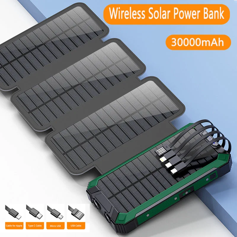 

Folding Solar Charger Power Bank Built in Cable 30000mAh Portable Qi Wireless External Battery Pack Powerbank For iPhone Xiaomi