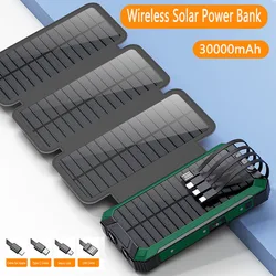 Folding Solar Charger Power Bank 30000mAh Portable Qi Wireless External Battery for iPhone 16 15 Xiaomi Samsung Huawei Powerbank