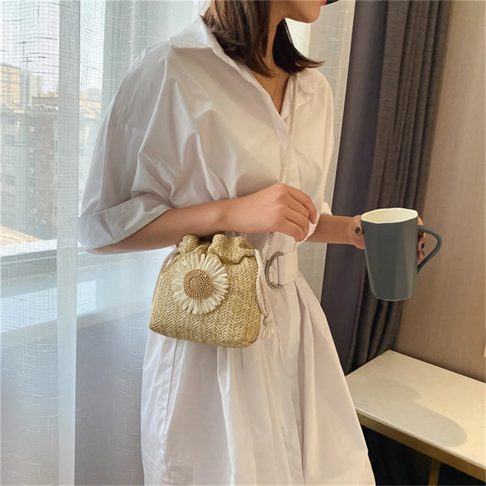 Cute Braided Bucket Bag for Women Straw Drawstring Shoulder Bags Soft Woven Cross Body Bag Fashion Leisure Beach Handbag 1pcs