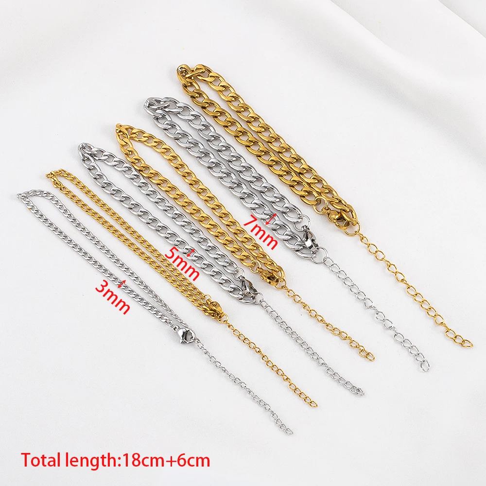 Bracelet en acier inoxydable pour hommes, largeur 3mm 5mm 7mm, chaîne cubaine, chaîne d'extension réglable, fermoir à homard, bricolage, fabrication de bijoux, 5 pièces, 2 pièces
