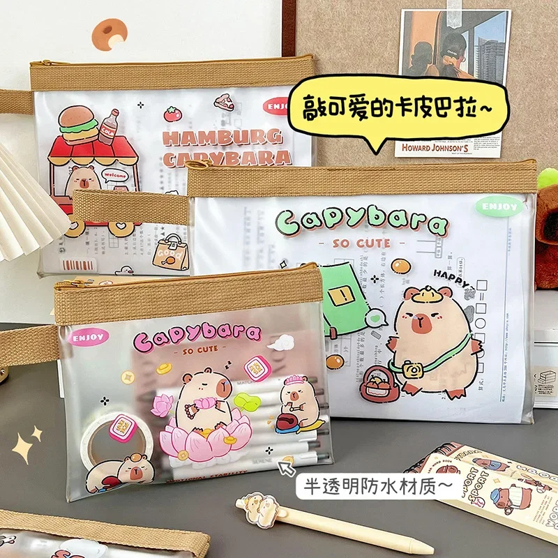 A4 Capybara Cartoon Transparent Document Bag Office File Holder School Folder Zipper Pouch Loop Pull Stationery Organizer Gift