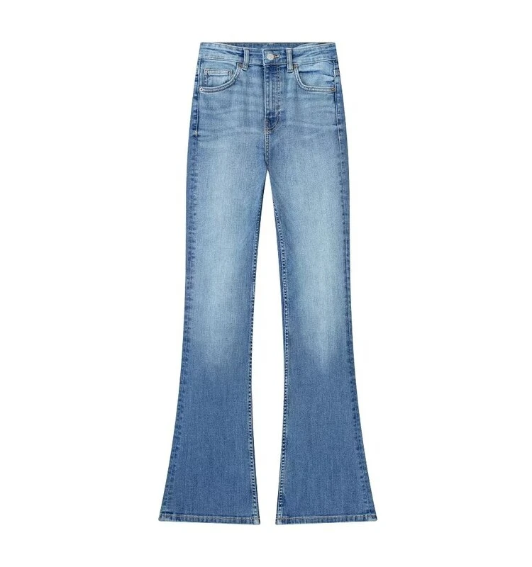 

Fall 2023 Women's Versatile Slimming Mid-Waist Long Bell Bot Jeans New Arrival Classic Straight Leg Denim Trousers
