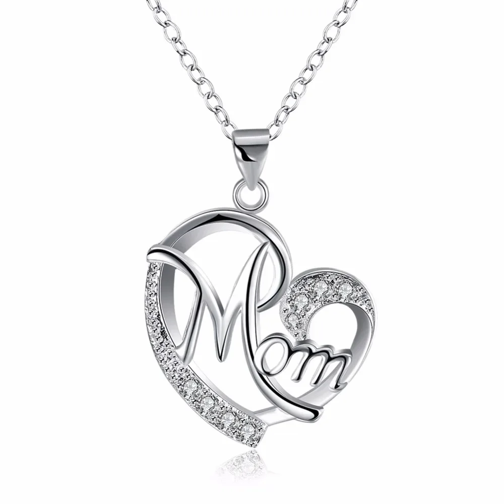 Charms Mom Heart Mother's Day Crystal 925 Sterling Silver Women Necklace Jewelry Lady Stone Fashion Cute Pendant