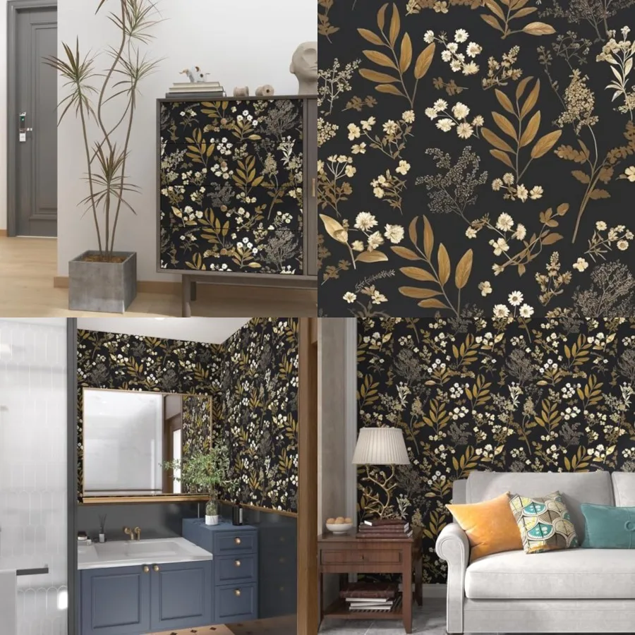 

Vintage Wallpaper Peel and Stick Black Floral Wallpaper 17.5'' x 393'' Gold Leaf Contact Paper Vinyl Waterproof Self Adhesive B