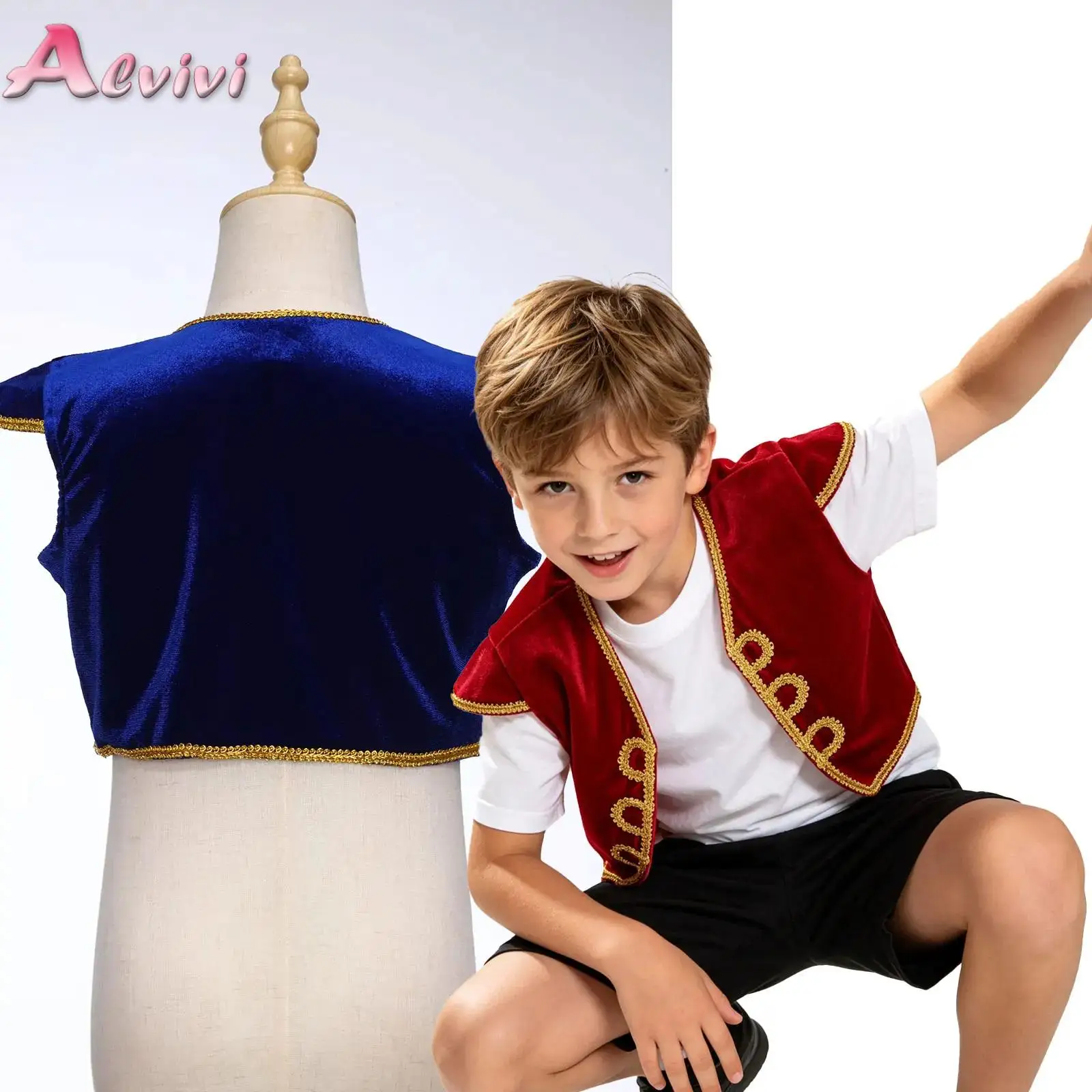 Girls Boys Arabian Prince Princess Costume Cap Sleeve V Neck Braided Trimming Vest Waistcoat for Festival Theme Party Clothes