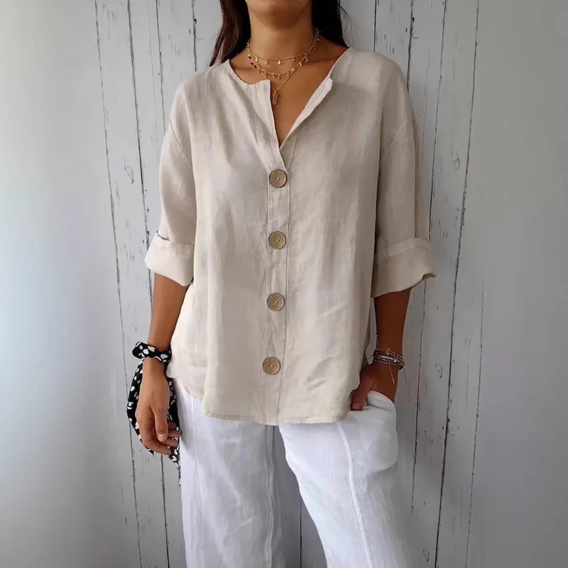 Summer Loose Shirt Women's V-Neck Cotton Linen Button Top Casual Shirts Solid Fashion Elegant Office Womens Clothing 2025 Blouse
