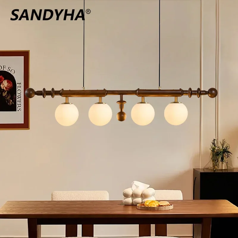 SANDYHA Japanese Retro Pendant Lights Long Solid Wood Design Hanging Chandelier Living Room Decor Dining Table Lighting Fixtures