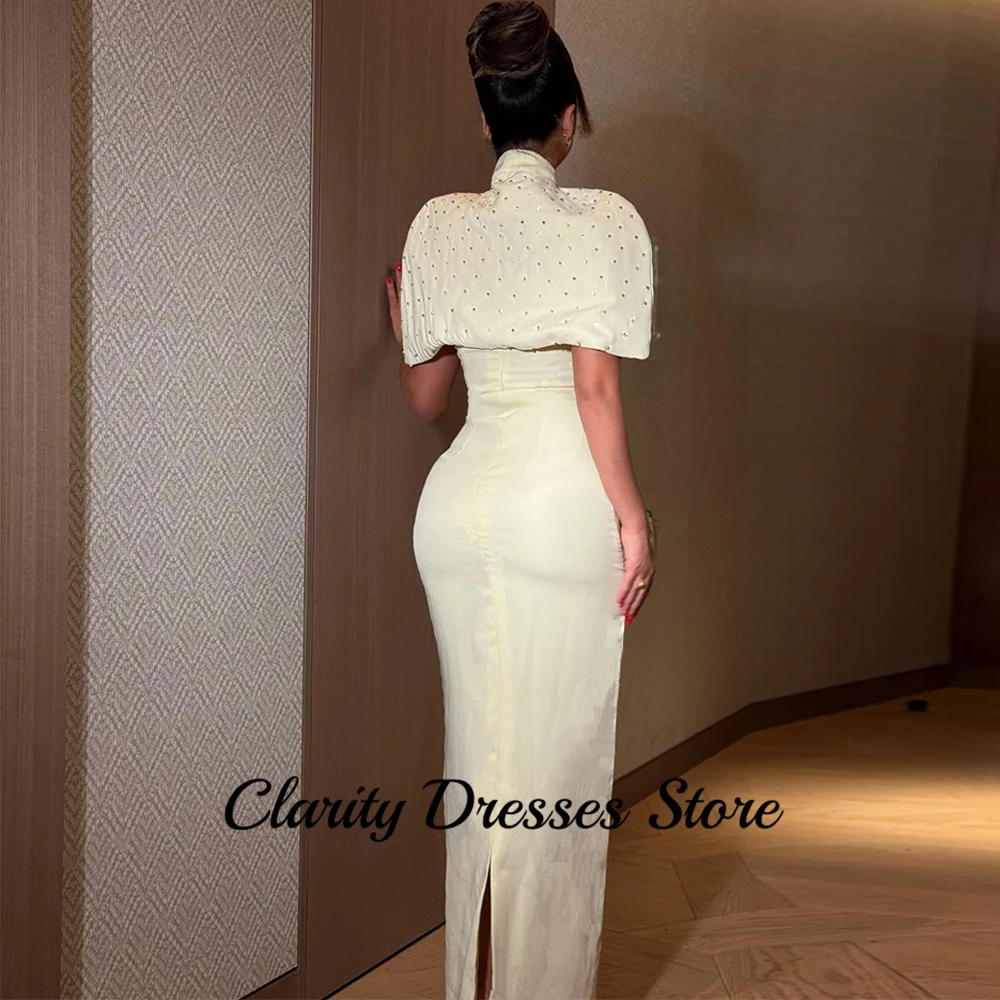Yellow Soft Jersey Prom Gowns 2025  Luxury Crystal Strapless Homecoming Dresses Customized Back Slit Evening Dress with Shawl
