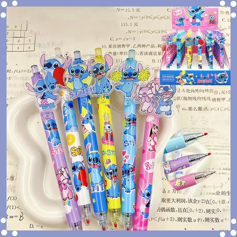 Disney 12-48pcs gel pens cartoon anime stitch  press patch pen 0.5mm black stationery student signature pen office writing tool