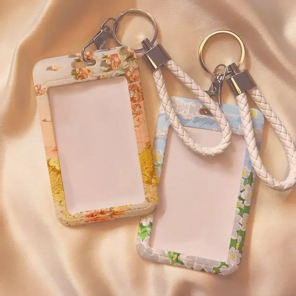 1 Pc Cute Stduent Card with Lanyard Keychain Holder Retro Oil Painting Landscapr Scenary Card Holder ID Student Card Protector