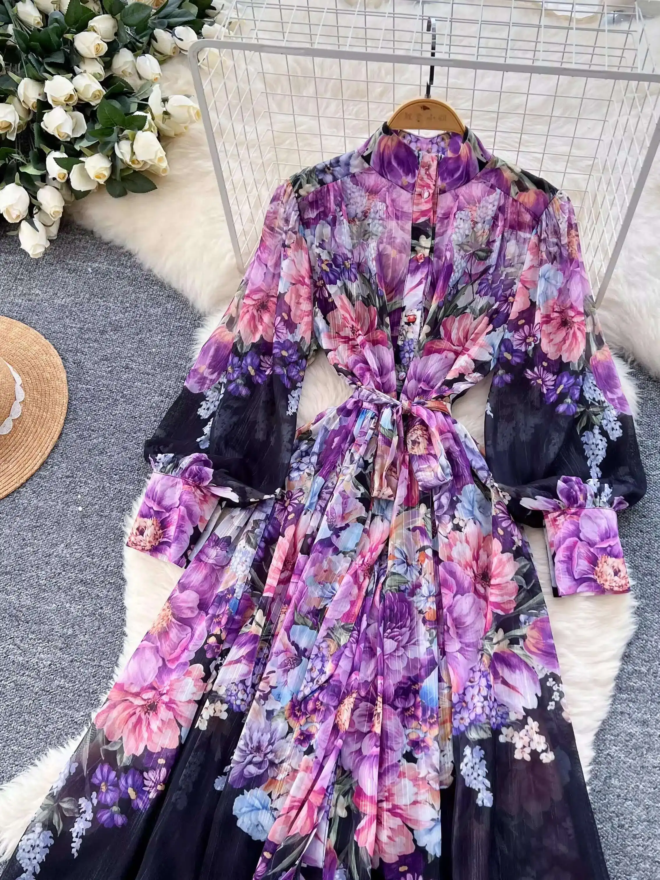 Elegant Florla Long Sleeve Maxi Dress Shirt For Women Summer Autumn Single Breasted Printed Midi Chiffon Dresses Evening Robe