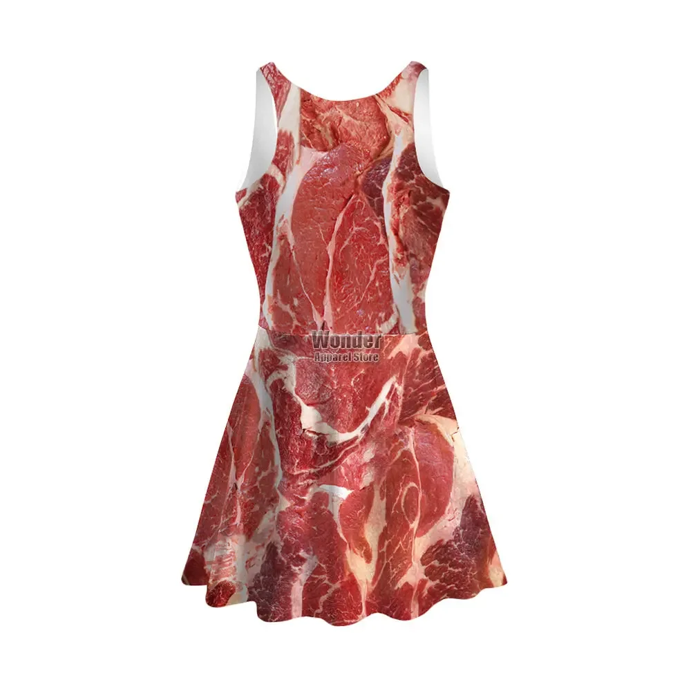 Women Sashimi Sliced Meat Beef Pork 3D Printed Fitness Elastic Pants Leggings Halloween Sleeveless Dress Party Cosplay Costume