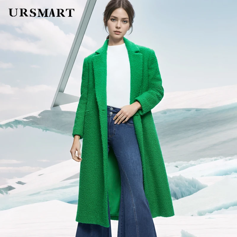 Green Cashmere Blend Wool Coat for Women – Elegant Knee-Length, Warm & Loose Fit Customizable Modern Fashion