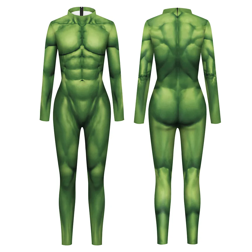 Women Men 3D Green Muscle Print Skinny Jumpsuit Wear Onesie Cosplay Giant Costume Elastic Bodysuits Holiday Party Halloween