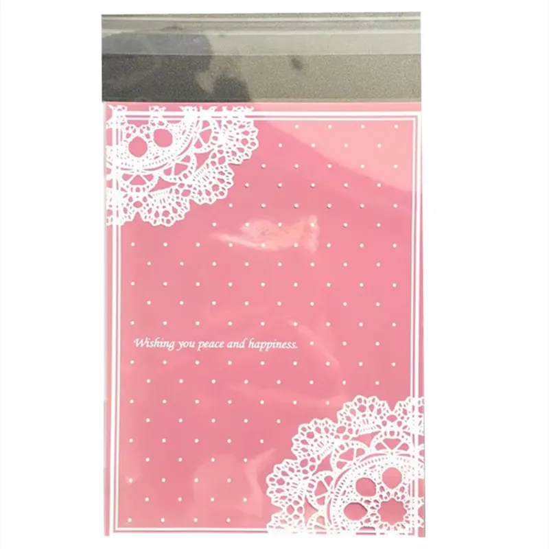 100pcs/lot 3 sizes Pink Lace Plastic Self Adhesive Cookie Packaging Bag Wedding Candy Gift Decoration Bag