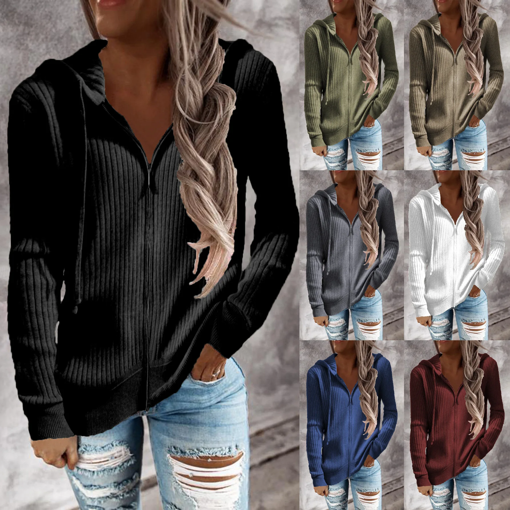 Keep Warm Coat New solid color casual hoodie loose knit zipper cardigan long-sleeved hooded sweater woman